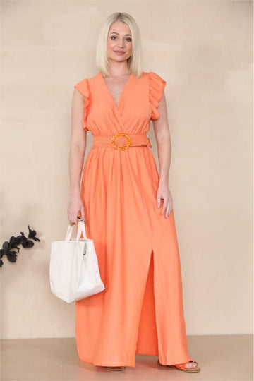 KATCH ME Women's Elegant Solid Color V Neck Puff Sleeve Tie-Up Slit Maxi Dress Dress